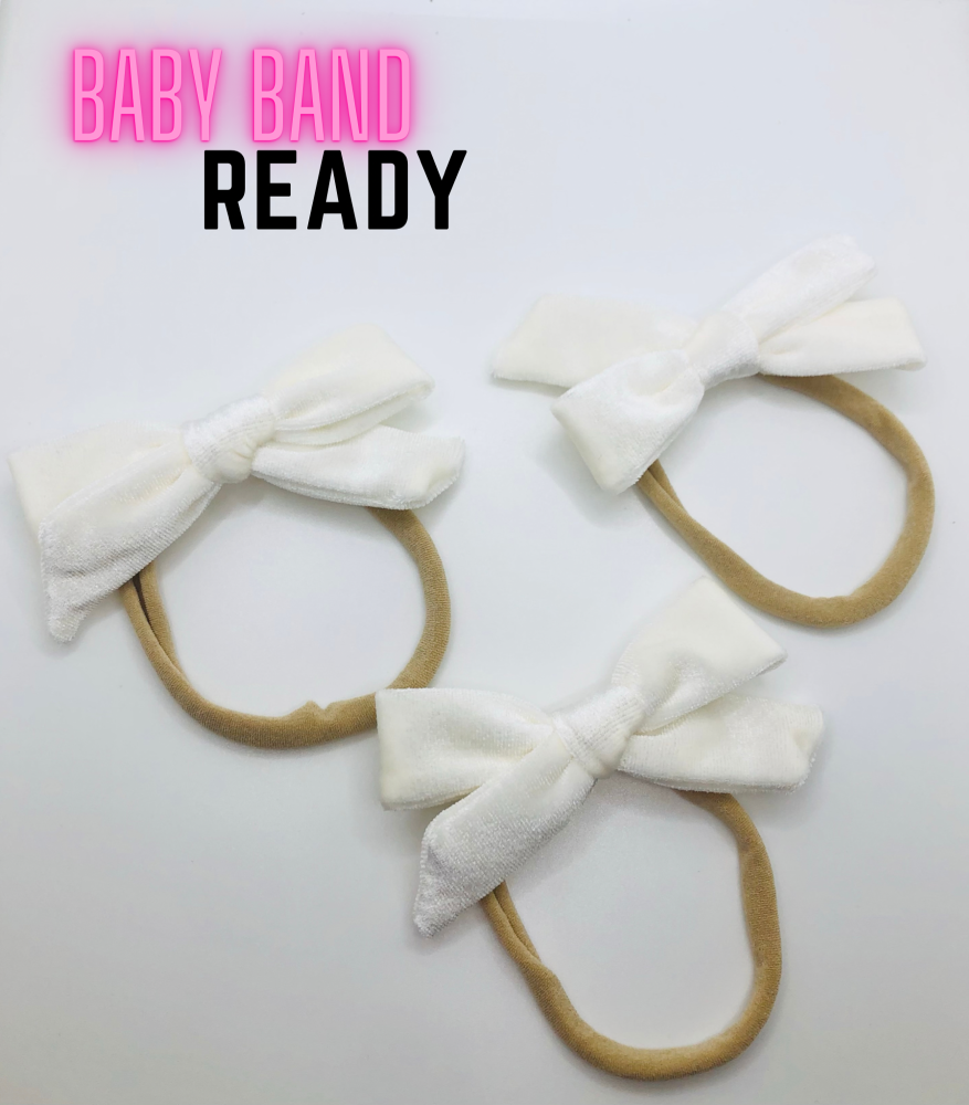 CREAMY WHITE - Korean Velvet Bow Knot ready made hair bow on baby band