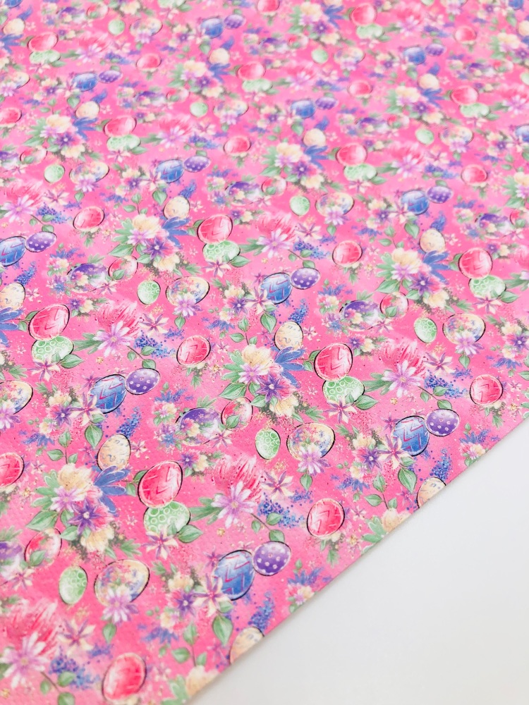 1760 - Pretty Pink floral bright spring Easter egg print printed canvas fabric sheet