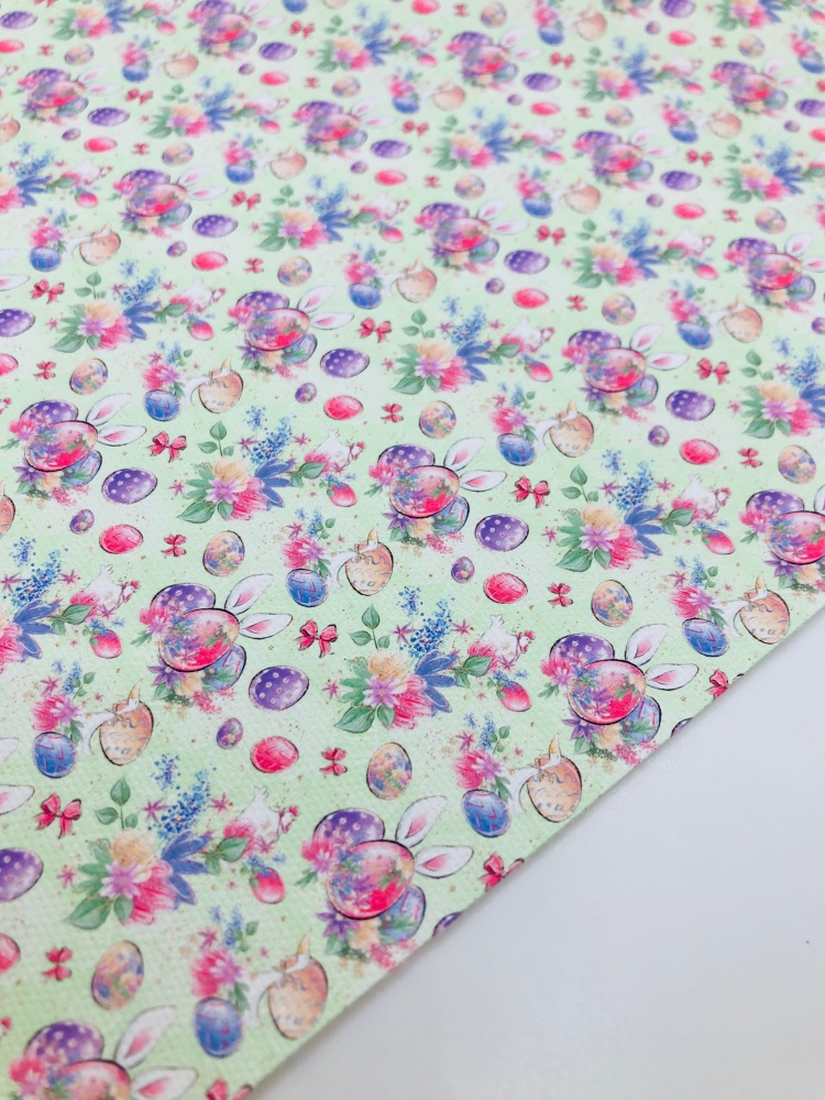 1760 - Pastel Green Bunny ear Easter egg print printed canvas fabric sheet