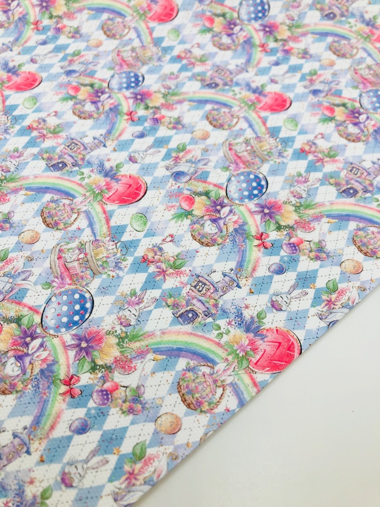 1760 - Blue checker rainbow easter gnome print printed canvas fabric sheet