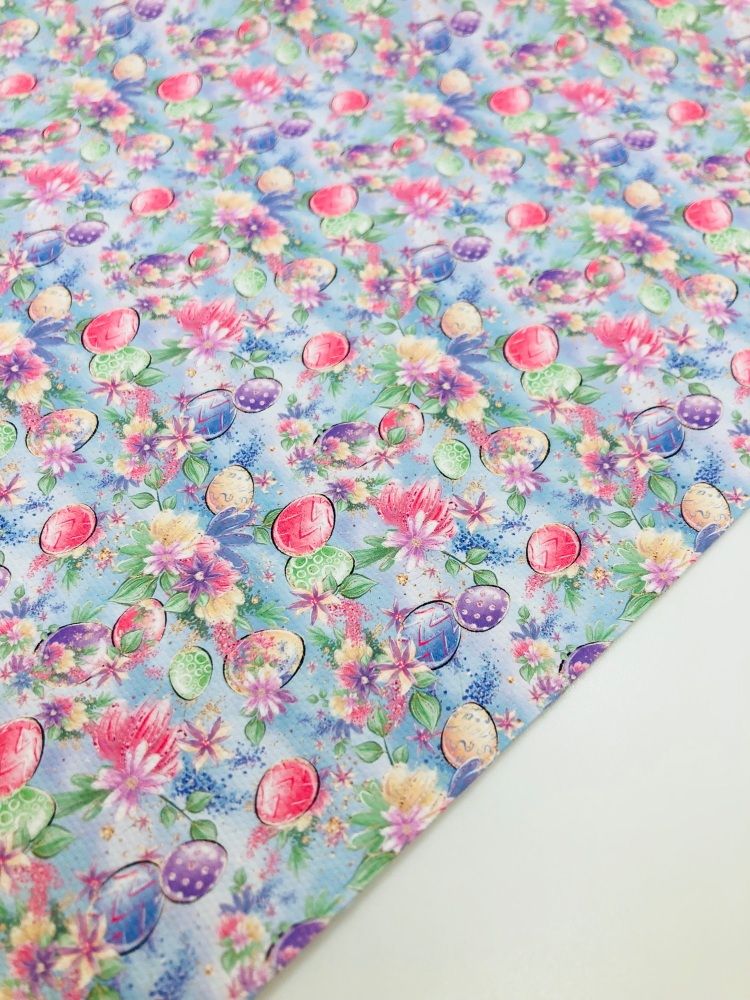1760 - Blue bright spring Easter egg flowers printed canvas fabric sheet