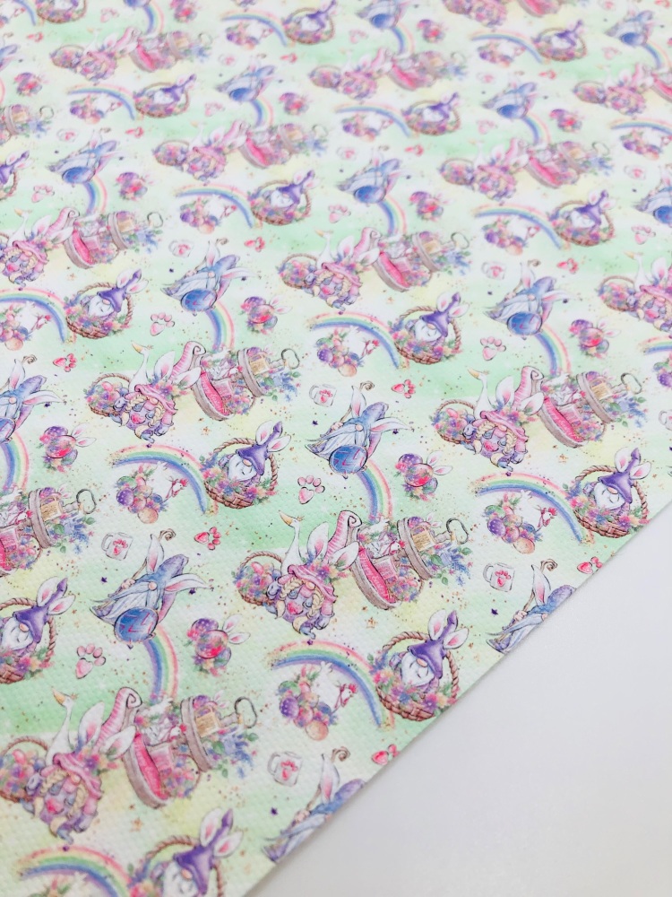 1760 - Pastel Green gnome rainbow printed canvas fabric sheet