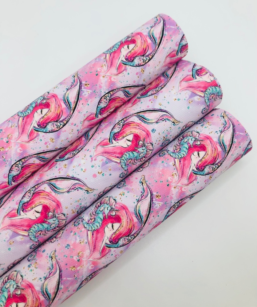 1004 - Adorable Pink mermaid seahorse printed canvas sheet