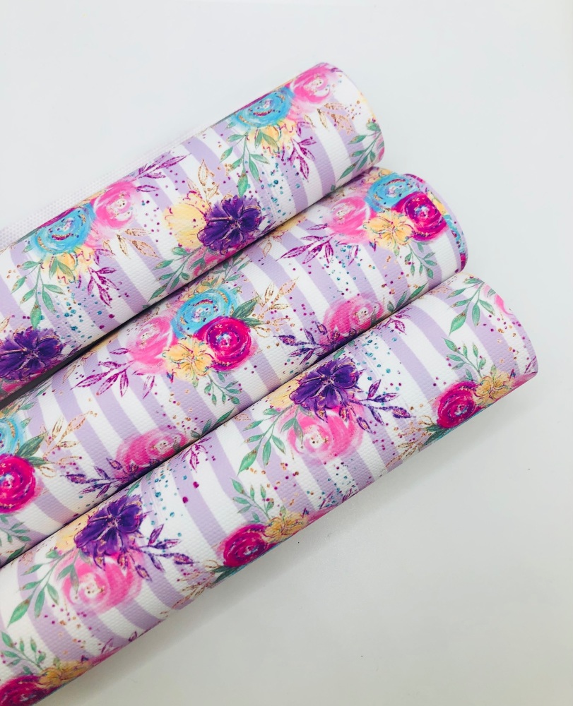 1025 - Floral lilac stripe bright bouquet flower bundle printed canvas sheet