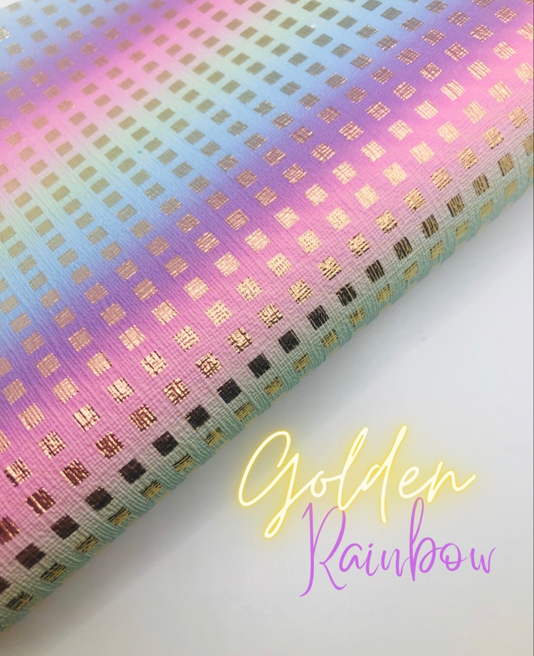 PASTEL RAINBOW GOLDEN SQUARE EFFECT LEATHER FABRIC