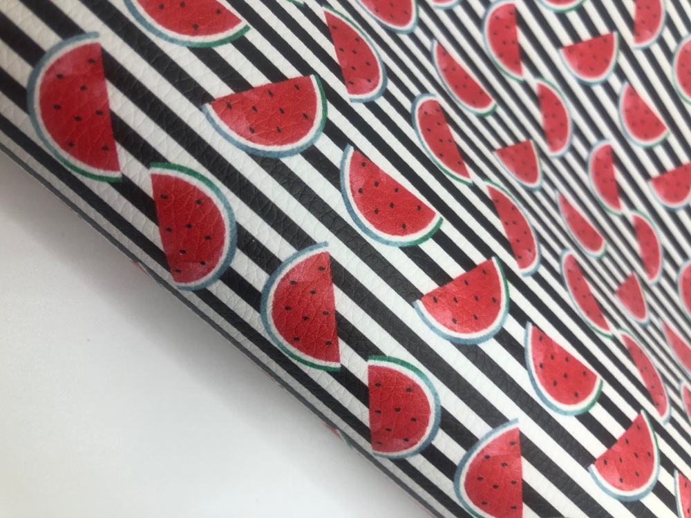 Monochrome Stripe Watermelon Printed Leatherette Fabric