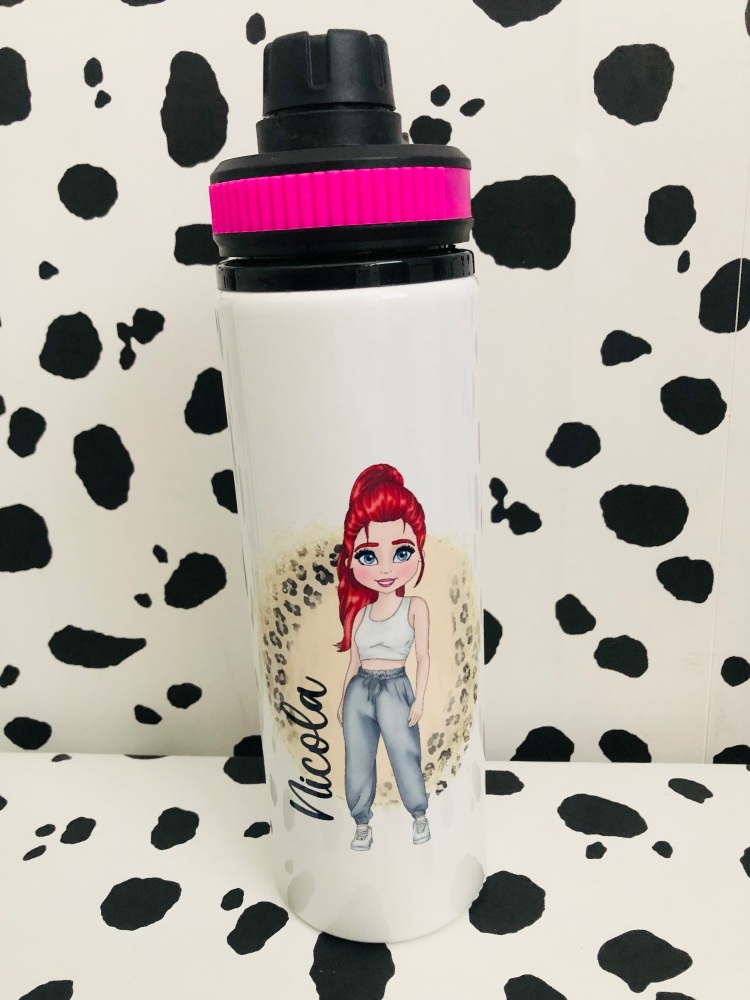 Pink - Leopard Jogger Girl Personalised Water Bottle