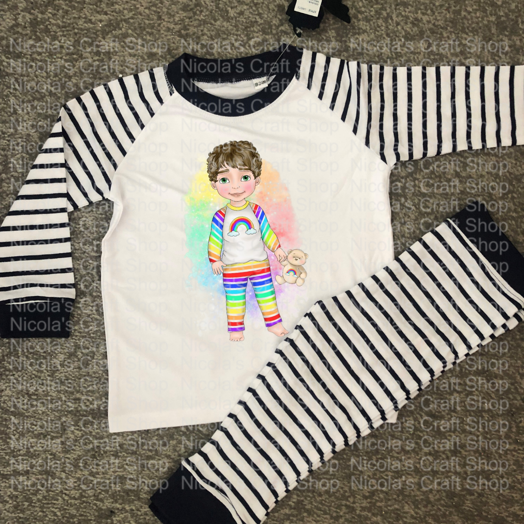 Boys Stripe Rainbow Navy Pyjamas PJS Personalised