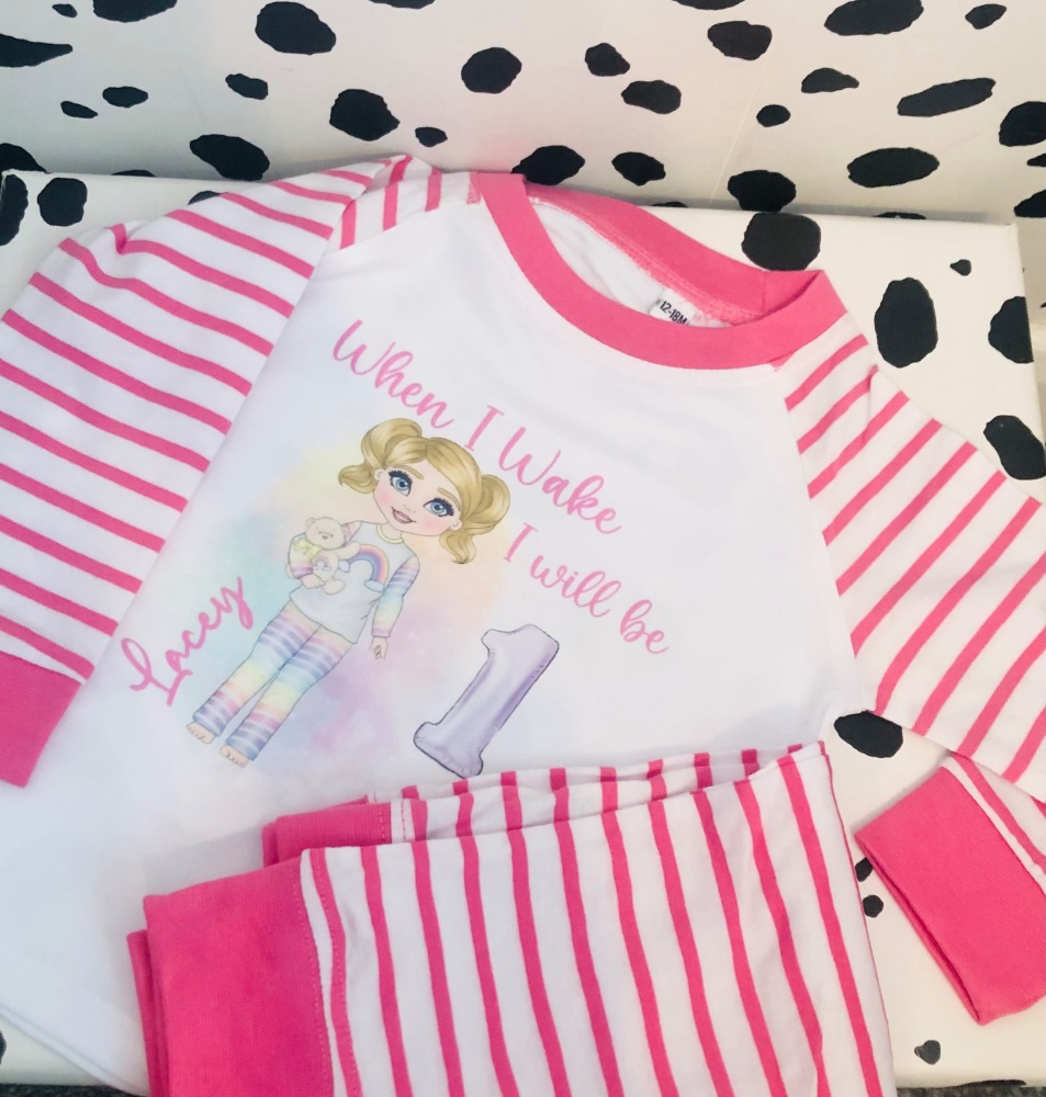 Girls Stripe Pink Rainbow Pyjamas PJS Personalised