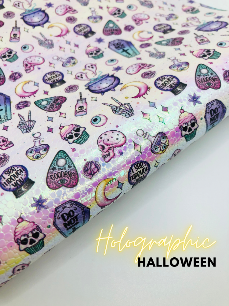 Holographic Halloween collage Printed leatherette fabric