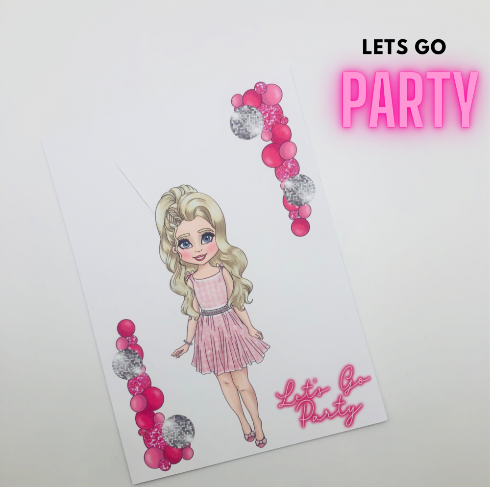 Let’s go party Balloon girl barbie inspired printed bow card (PACK OF 10)