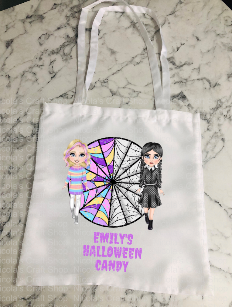 Girls Wednesday and Enid inspired tote bag candy trick or treat