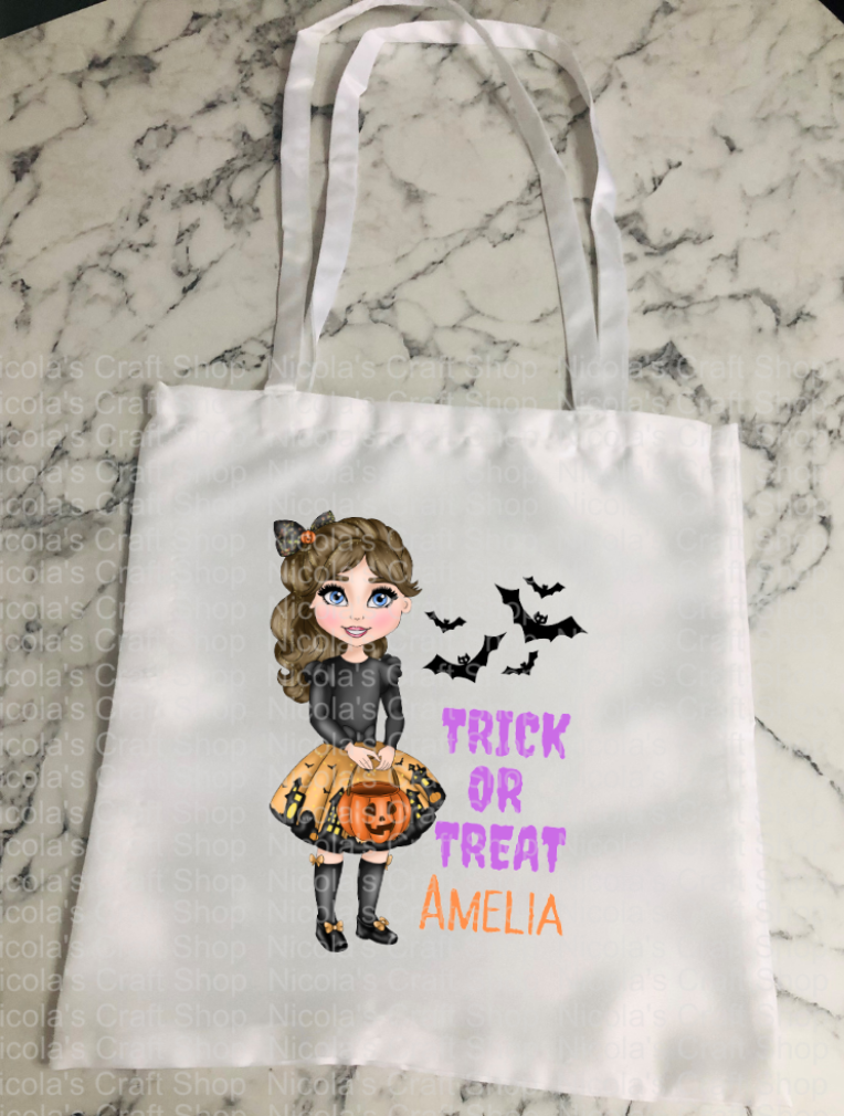 Pumpkin girl bat halloween tote bag candy trick or treat