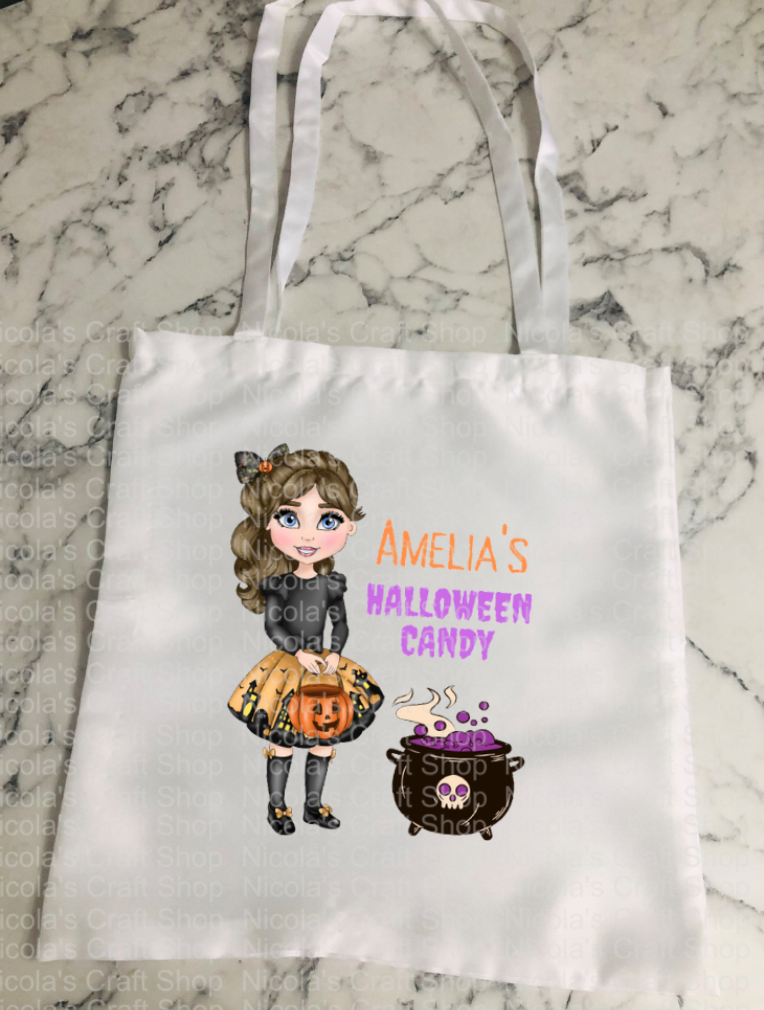 Pumpkin girl cauldron halloween tote bag candy trick or treat