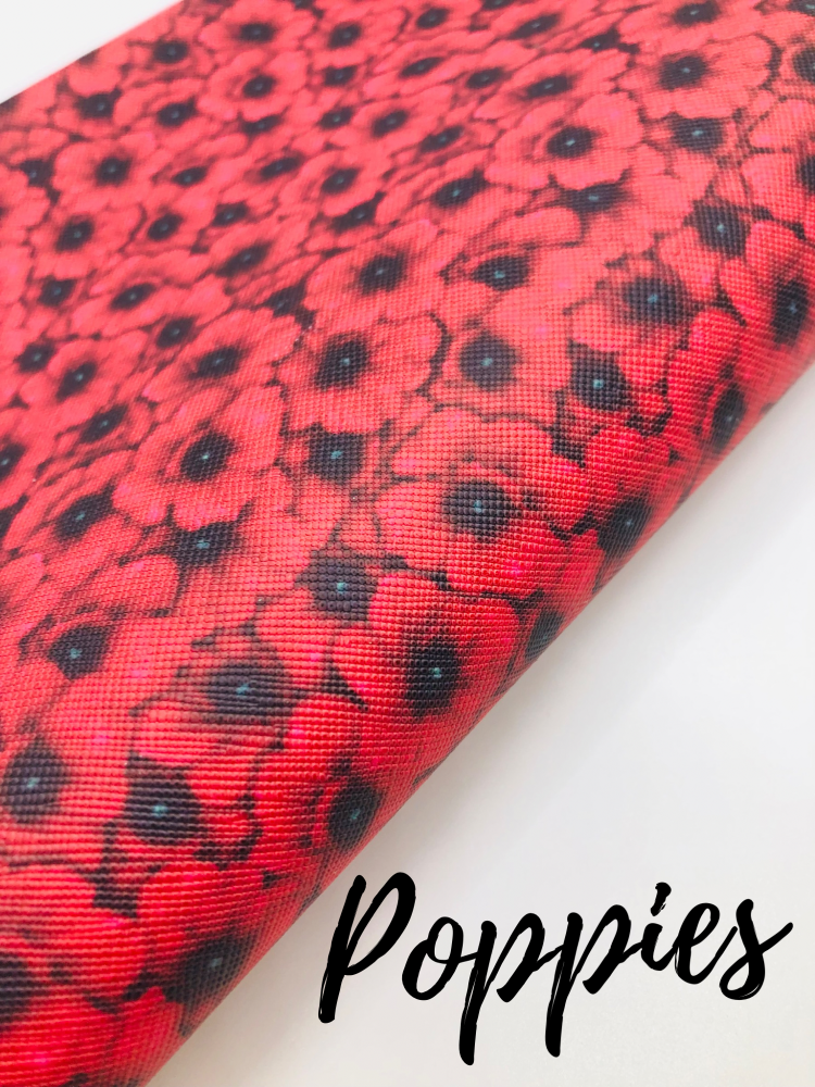 Red Poppy Collage Printed leather fabric