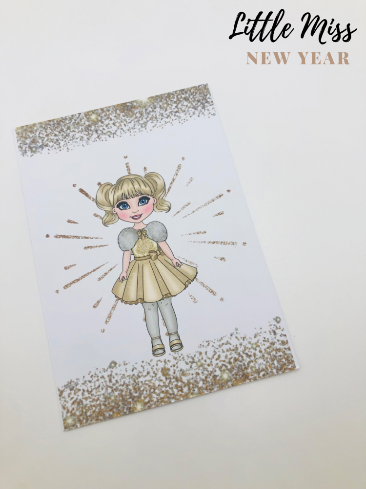 New year golden glitter dolly girl printed bow card (PACK OF 10)