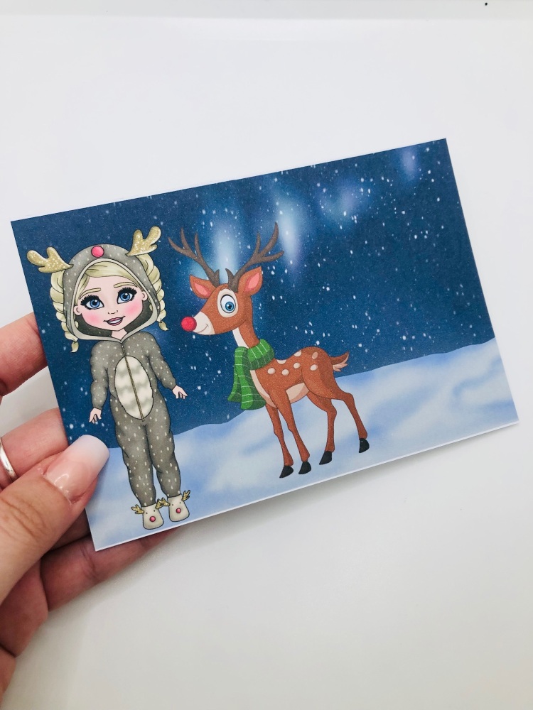 Ruby the reindeer christmas onesie girl printed bow card (PACK OF 10)