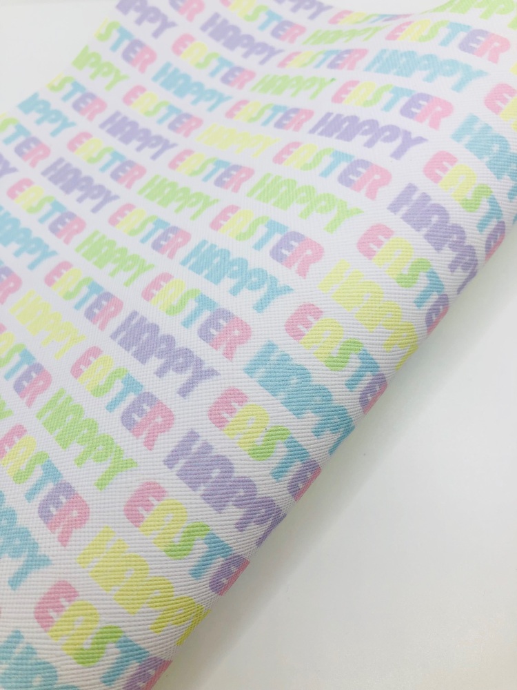 Pastel rainbow happy easter text print printed leatherette fabric