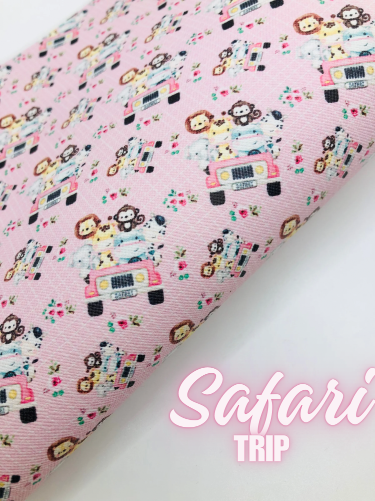 Pink Safari trip printed leather fabric