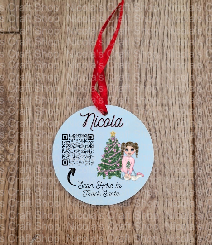 Pink QR Scannable Red Satin Ribbon Personalised Christmas Hanging Decoration