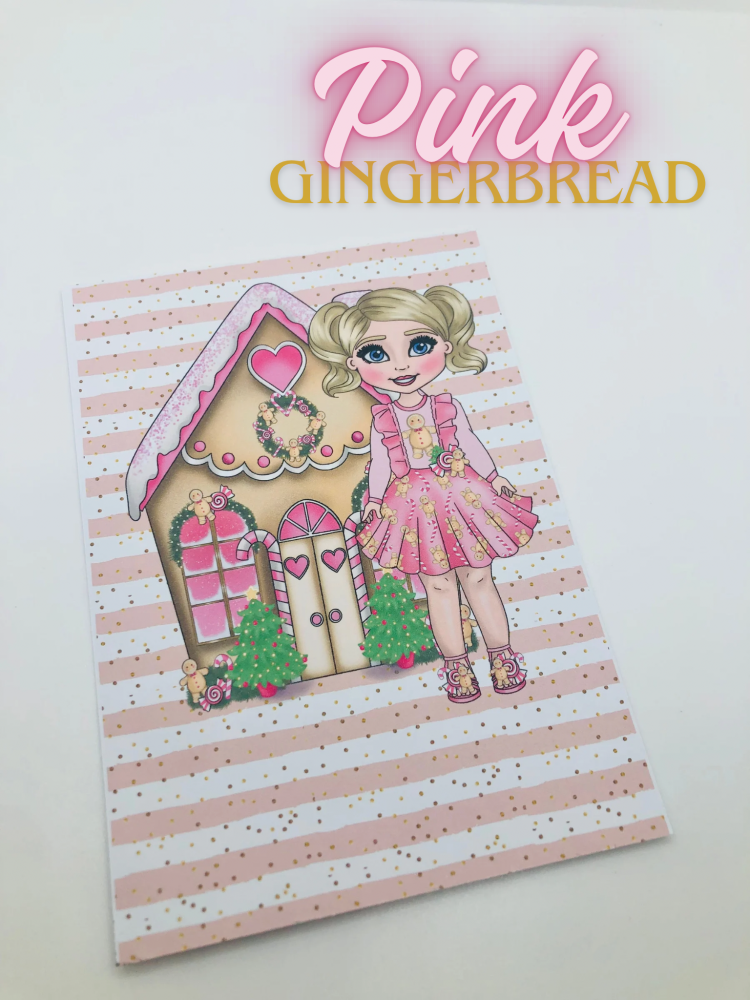 Pink Gingerbread christmas  girl printed bow card (PACK OF 10)