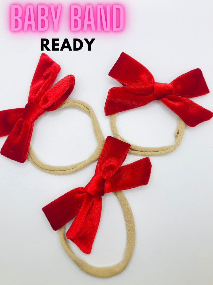 RED - Korean Velvet Bow Knot ready made hair bow on baby band