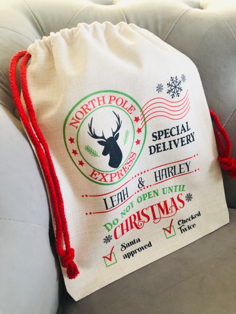 North Pole express Christmas Sacks personalised