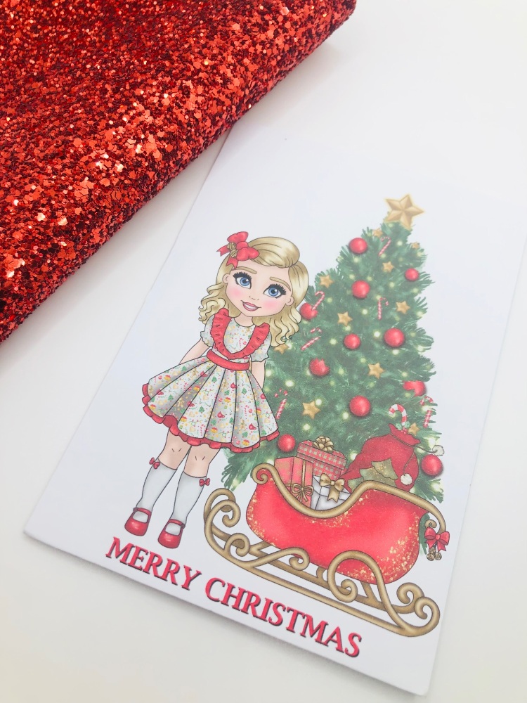 Merry Christmas gingerbread red girl christmas printed bow card (PACK OF 10)