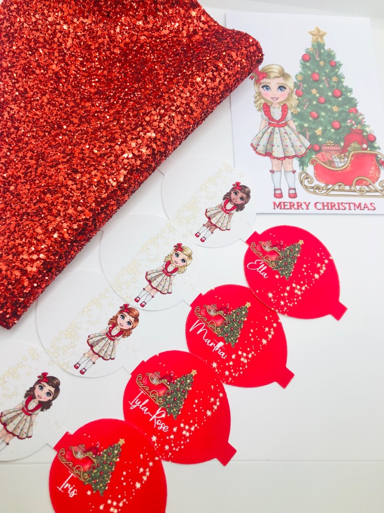 Red Christmas tree sleigh gingerbread dress girl christmas pre cut printed bow loop