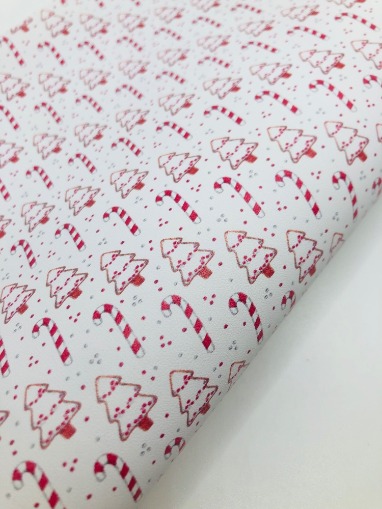Red christmas tree candy cane christmas printed leather fabric
