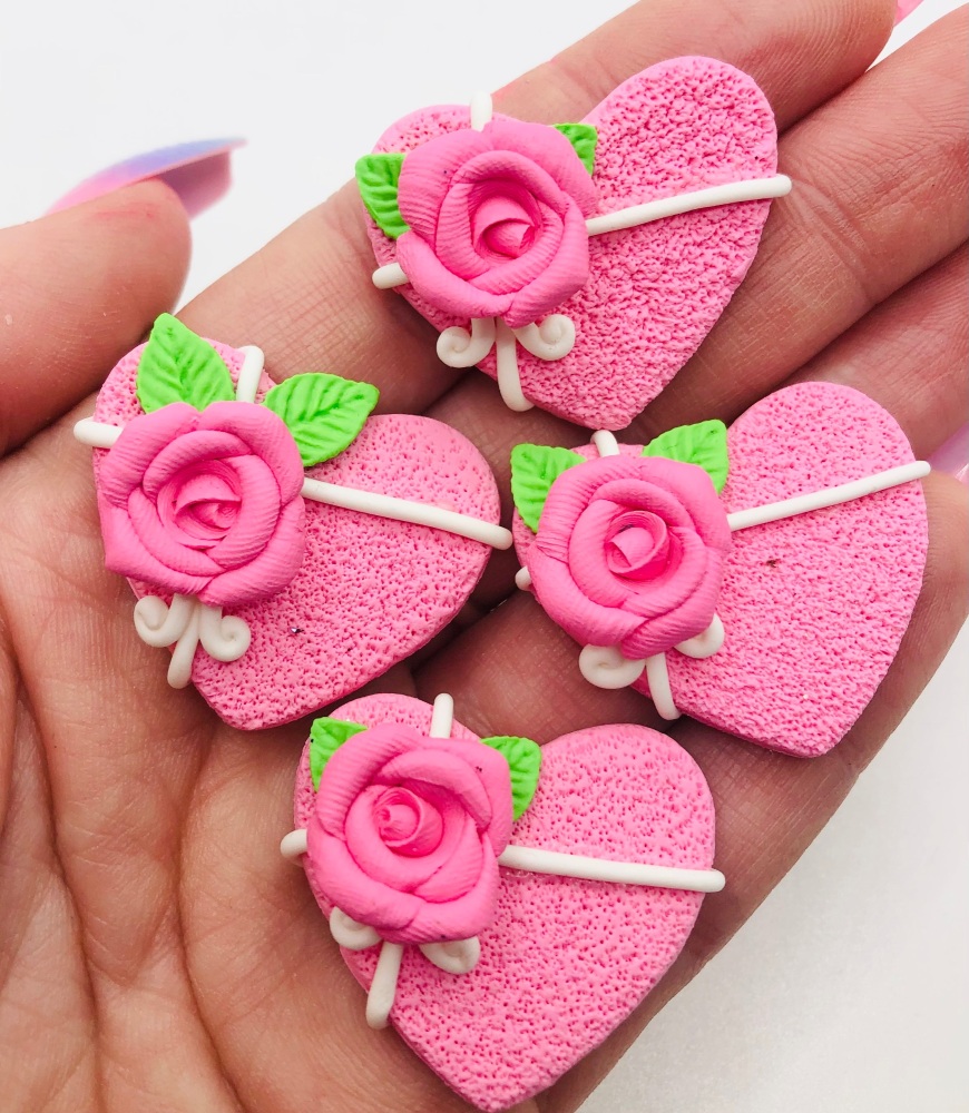 Gift wrapped pink Love Heart flower Valentine Polymer Clay