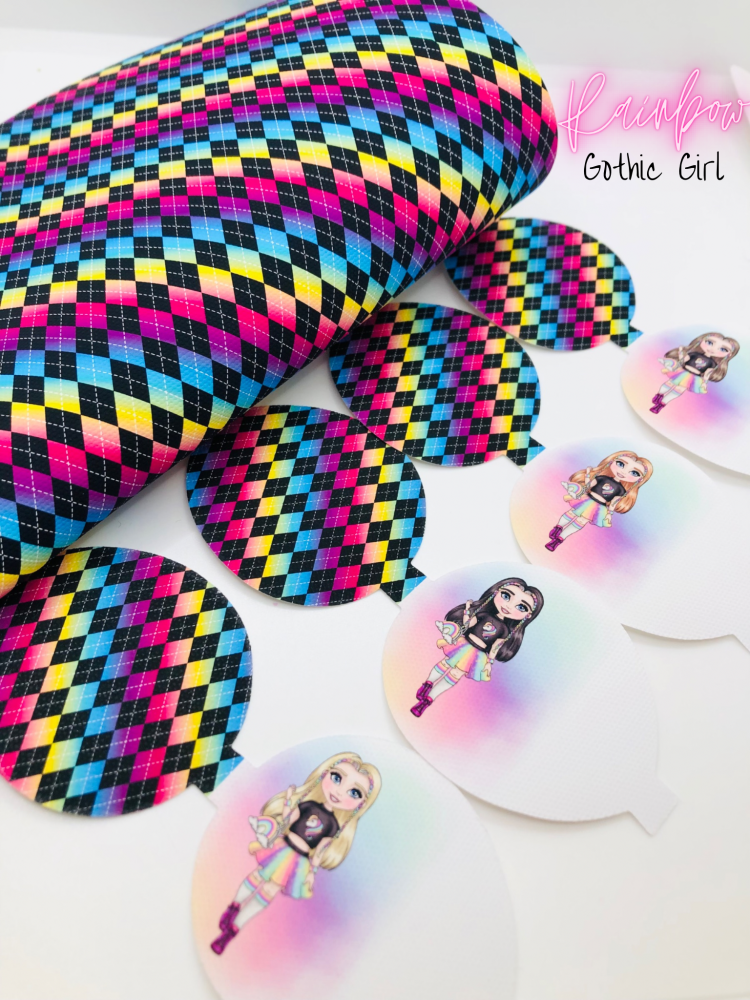 Rainbow Gothic Girl printed pre cut bow loop