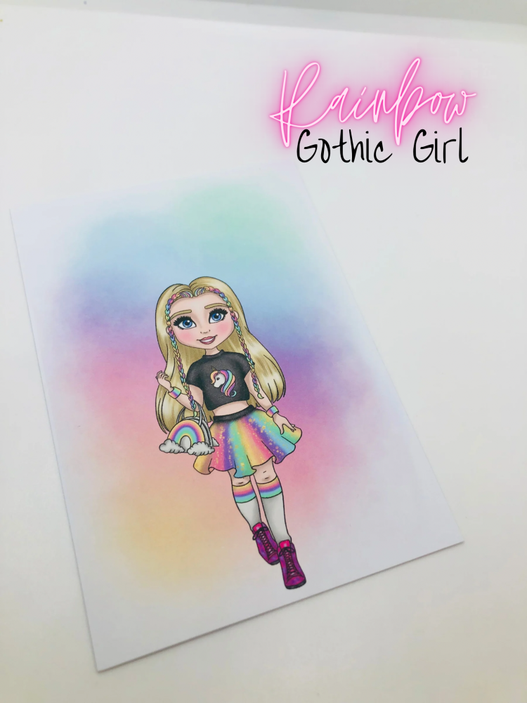 Rainbow Gothic Girl printed bow card (PACK OF 10)