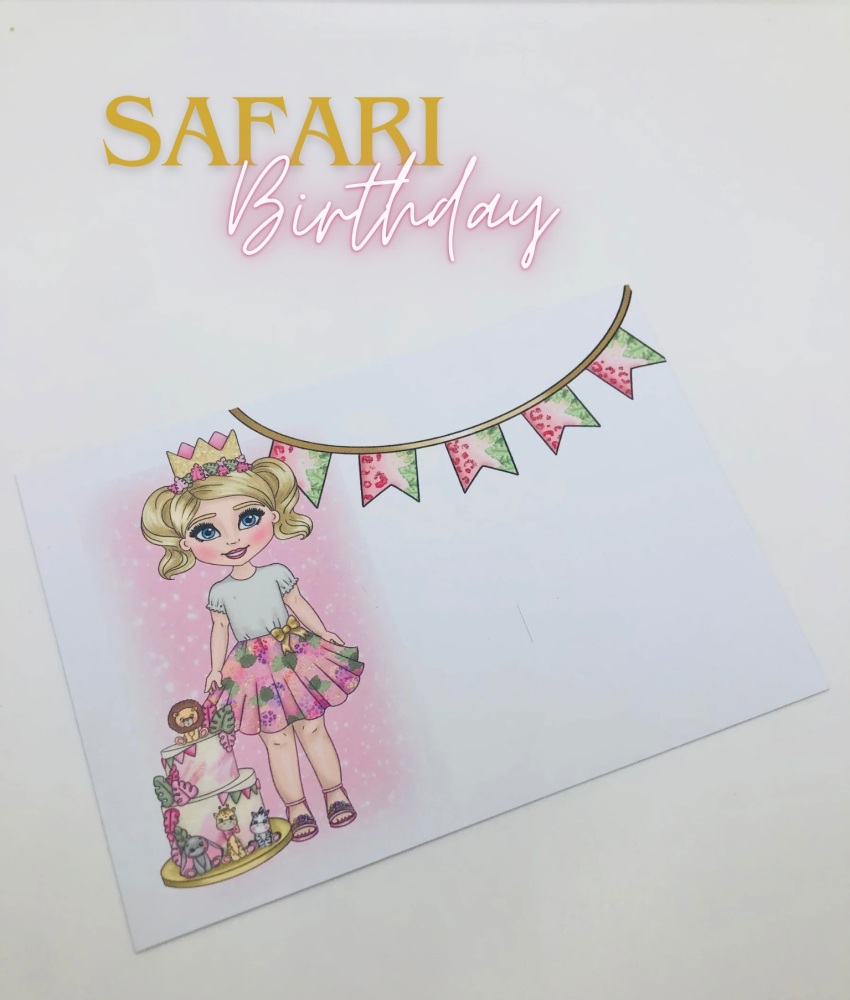 Safari Birthday Girl printed bow card (PACK OF 10)