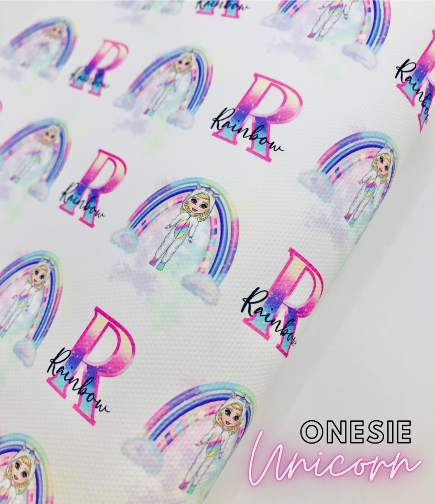 1629 - Rainbow Unicorn Onesie Girl printed canvas fabric sheet