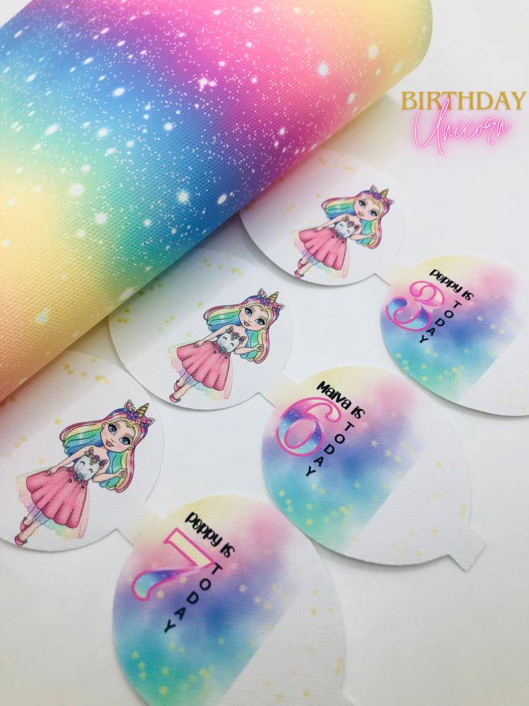 Birthday unicorn pastel rainbow girl printed pre cut bow loop