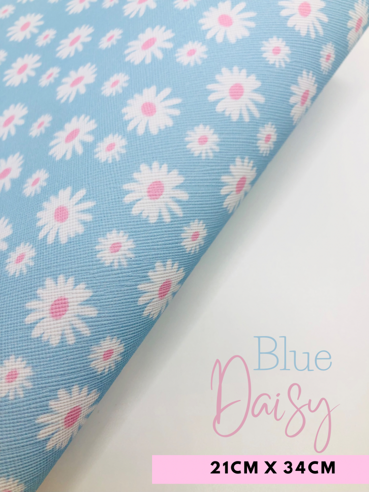 Baby Blue Daisy printed leatherette fabric