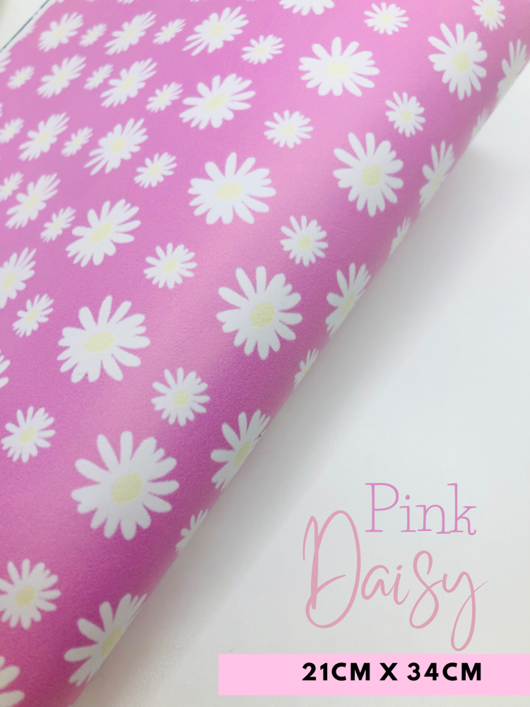 Baby Pink Daisy printed leatherette fabric