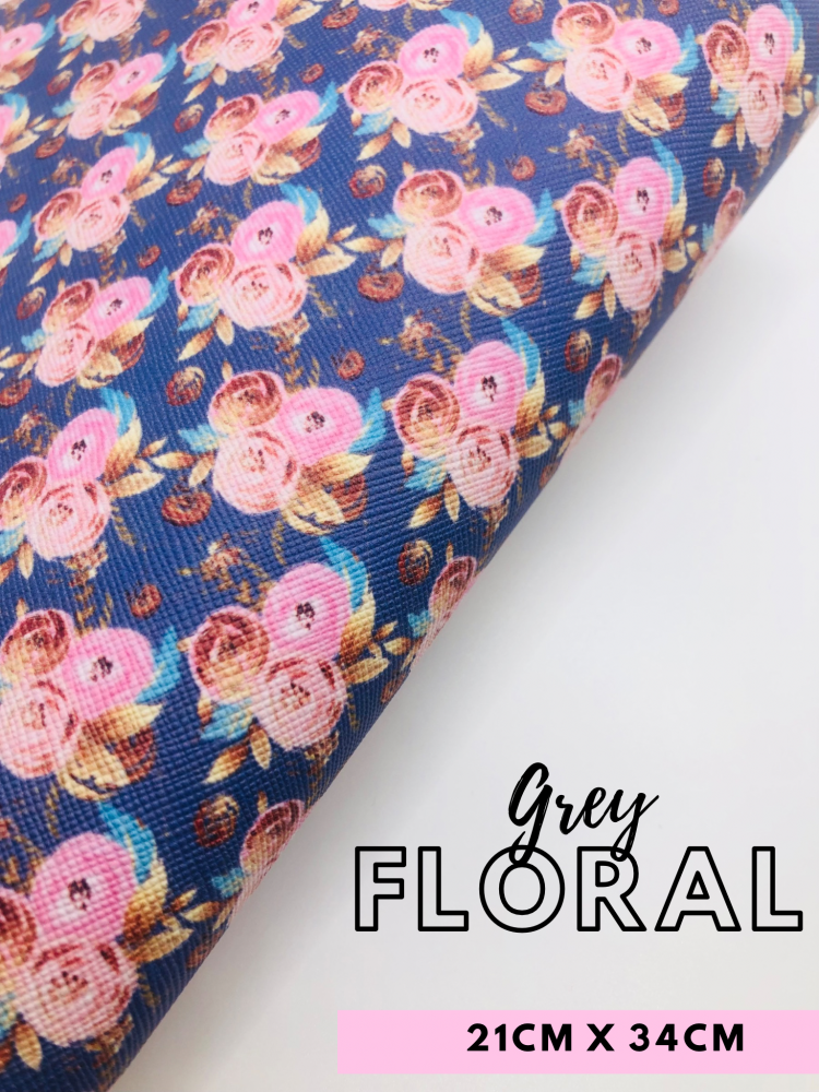 Grey floral printed leatherette fabric