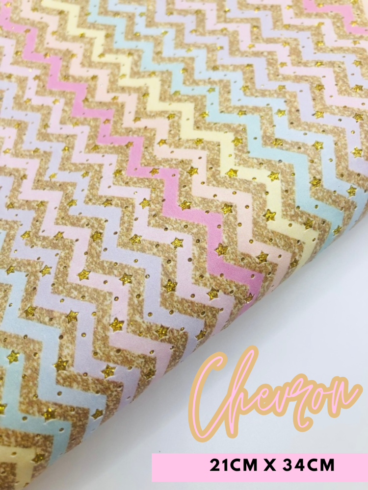 Chevron pastel rainbow star Printed Leatherette Fabric