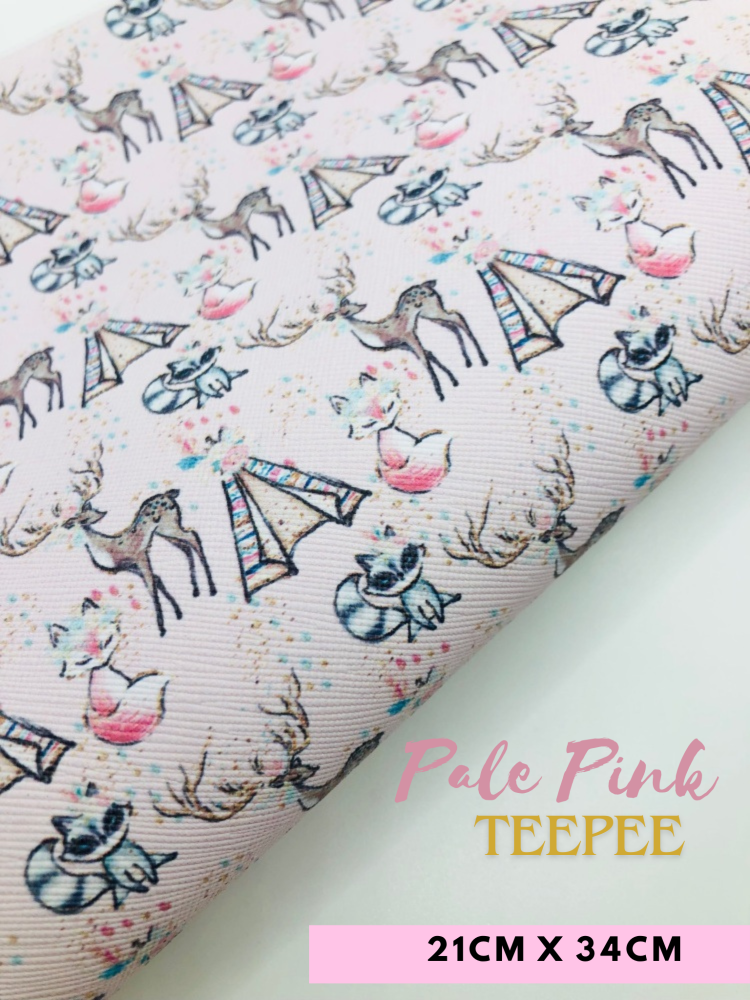 Pale pink teepee autumn deer printed leatherette fabric
