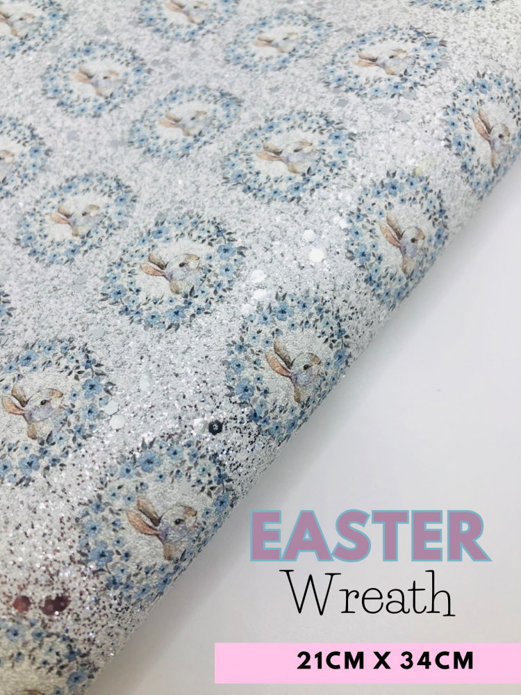 Easter bunny Floral wreath a grade sparkle Printed fine glitter fabric