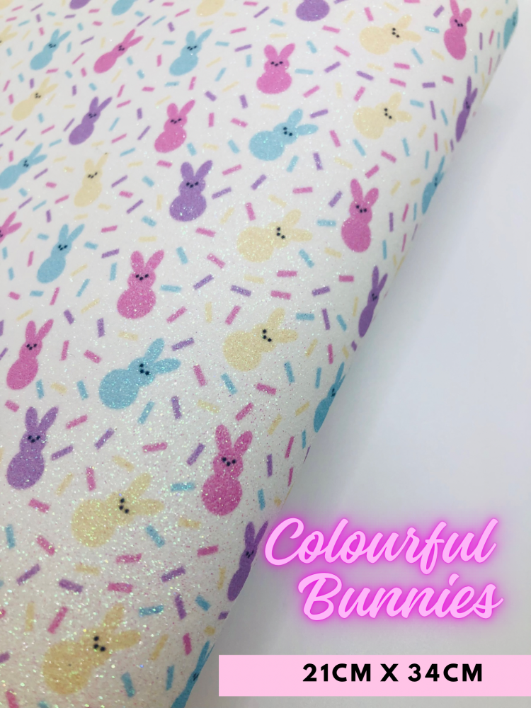 Easter colourful bunnies Printed fine glitter fabric