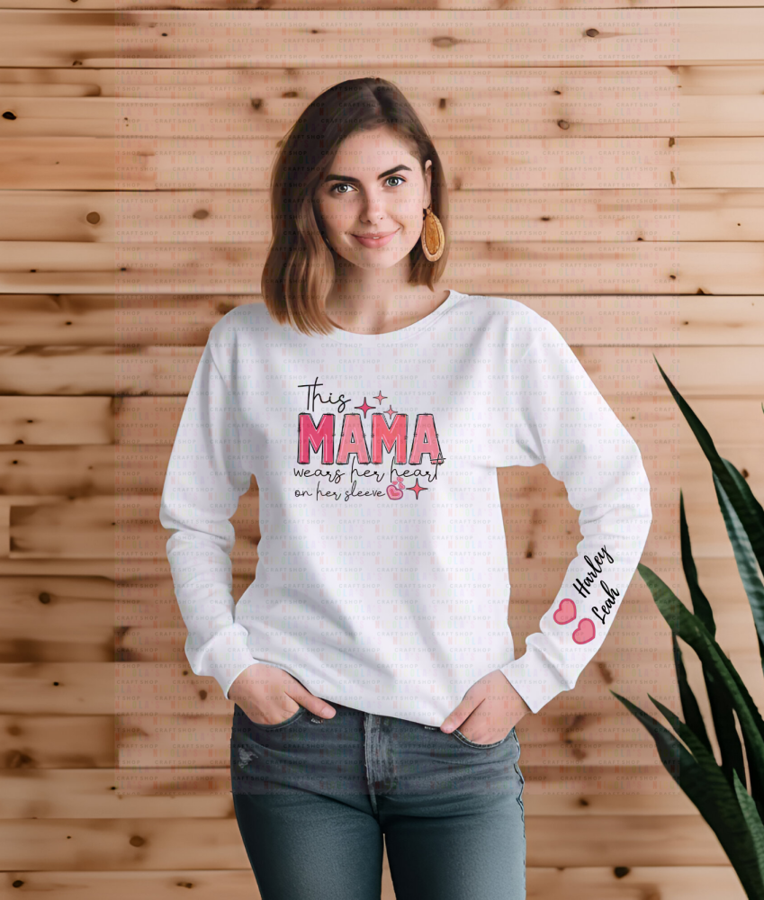 A4 sheet This mama wears her heart on her sleeve Pink printed sublimation t