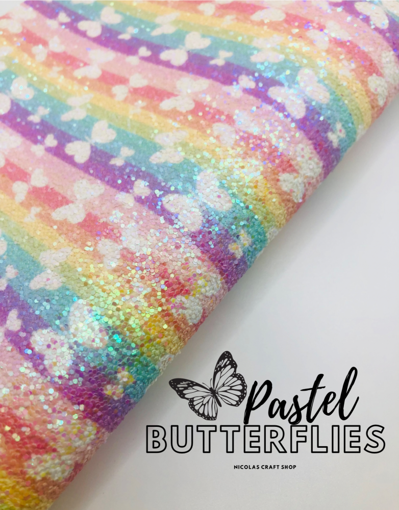 A grade Pastel Rainbow Butterfly Stripe chunky glitter fabric