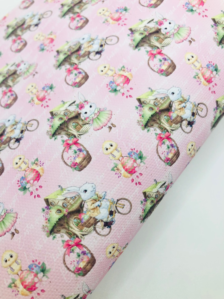 1747  - Nina Bunny Pink Easter Bunny on bike treehouse printed canvas fabric sheet