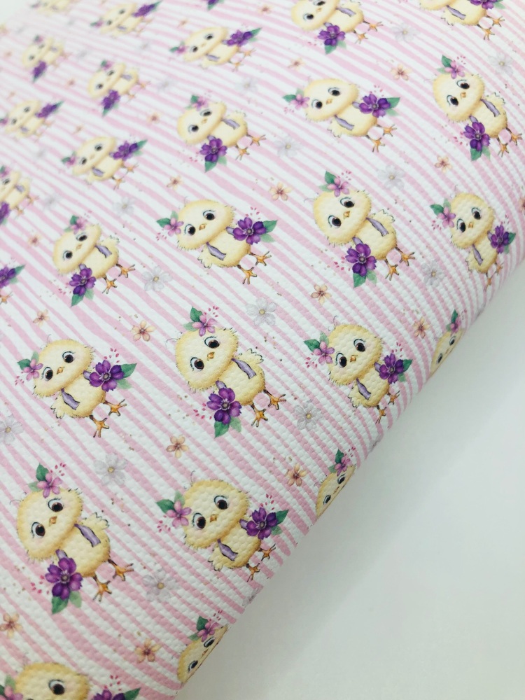 1747  - Pink and white easter stripe chick Nina Cute pastel printed canvas fabric sheet