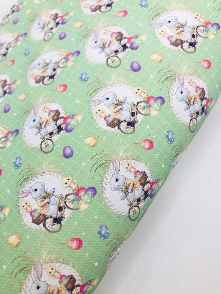 1747  -  Nina Cute Green bunny on bike pastel printed canvas fabric sheet