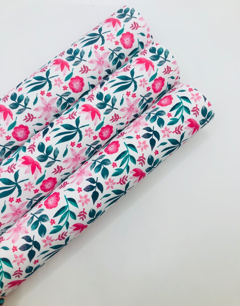 1693 - Bright Pink and green leaves floral flower printed canvas fabric she