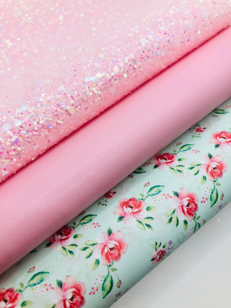Pretty Pink floral Chunky glitter printed canvas sheet Bundle